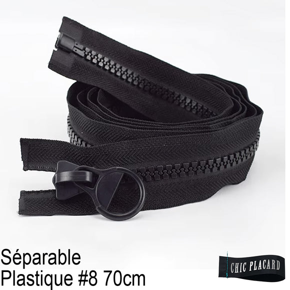 Zipper séparable - Plastique #8 - 70cm - 27.5 pouces - Noir