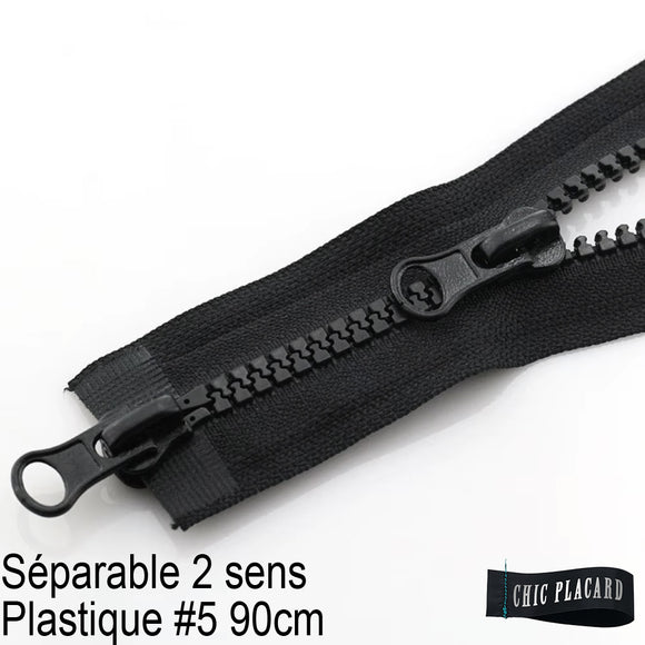 Zipper séparable 2 sens - Plastique #5 - 90cm - 35.5 pouces - Noir