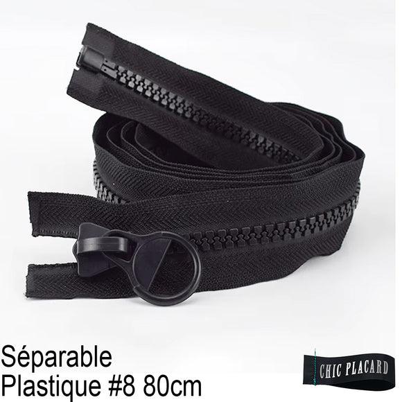 Zipper séparable - Plastique #8 - 80cm - 31.5 pouces - Noir